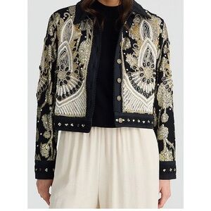 Torero Beaded Embellished Design Point Collar Button Front Denim Jacket.